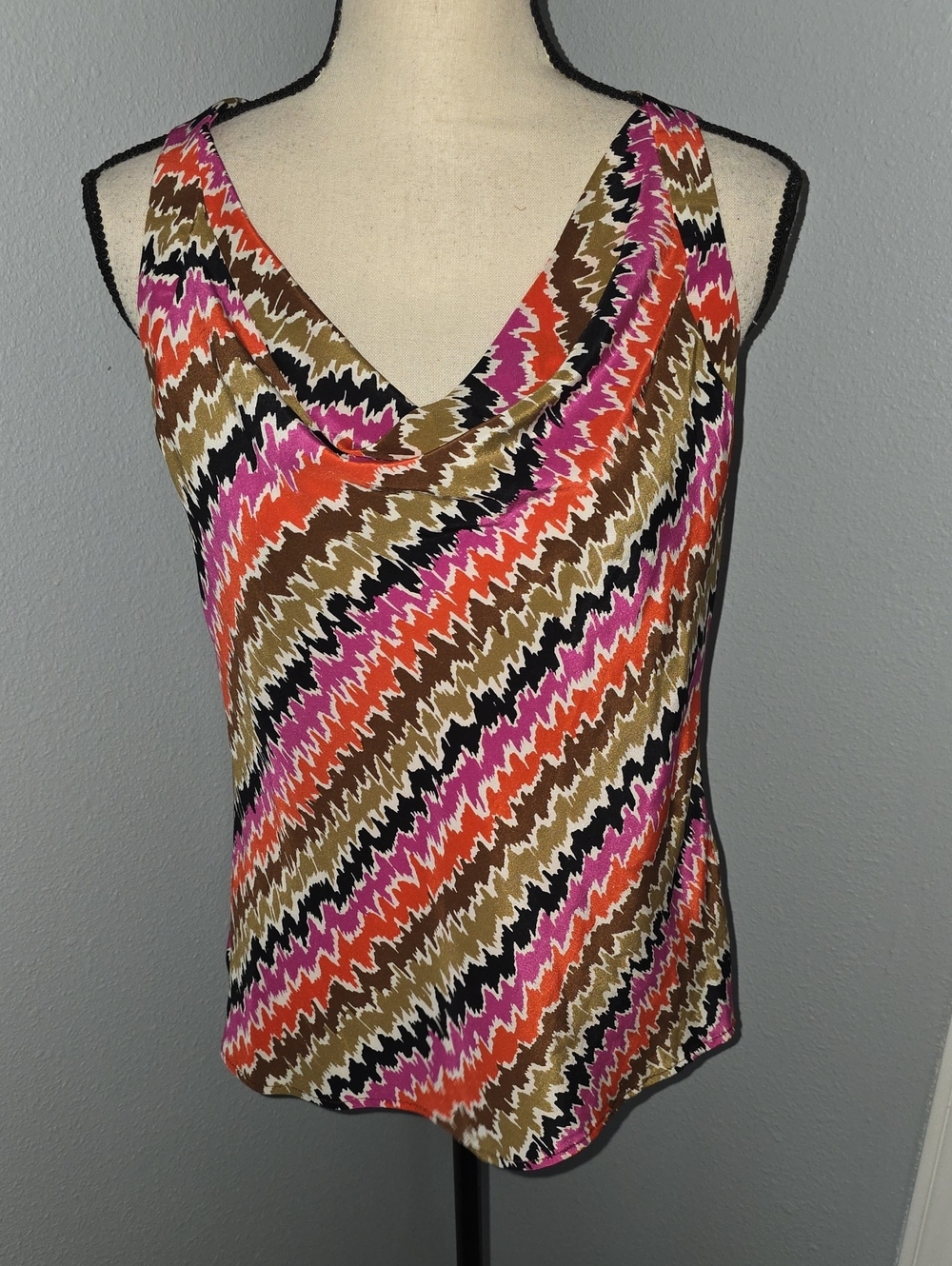 Trina Turk Silk Pink, Orange & Brown Zigzag Cowl Neck Tank Sz S